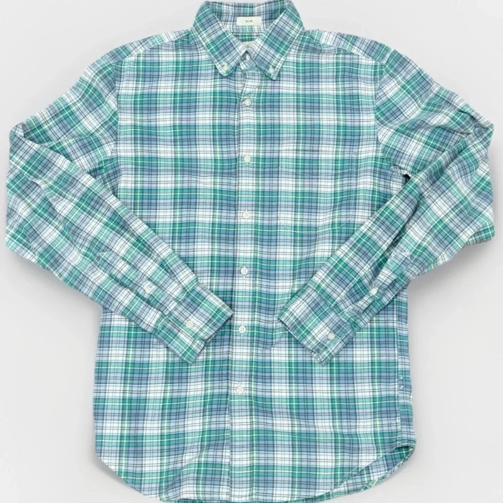 J.Crew Broken-In Oxford Shirt Mens Small Green Blue Long Sleeve Button-Down Slim